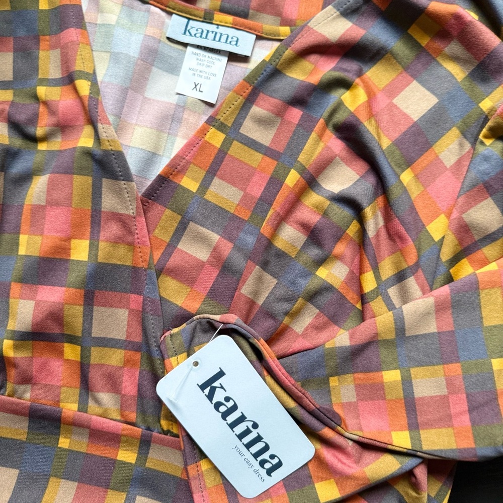 Karina Plaid Faux Wrap Dress Fall Colors Stretch Travel Dress M - Picture 3 of 12